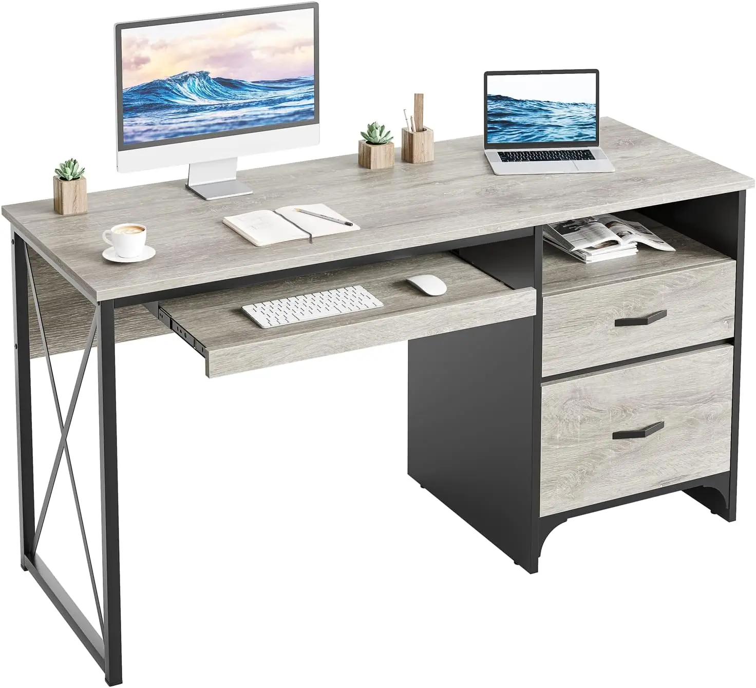 Bestier Office Desk with Drawers, 55 inch Industrial Computer Desk with Storage, Wood Teacher Desk with Keyboard Tray & File