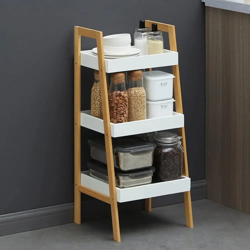 Formwell Ladder Storage Shelves Unit, Bamboo Frame with MDF Tray Shelf, Free Standing Storage Rack