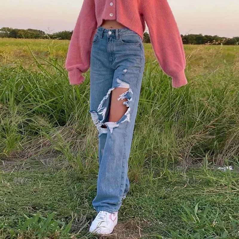 

Новые весенне-летние модные широкие джинсы с высокой талией. Женские индивидуальные потертые рваные повседневные, универсальные свободные длинные джинсы