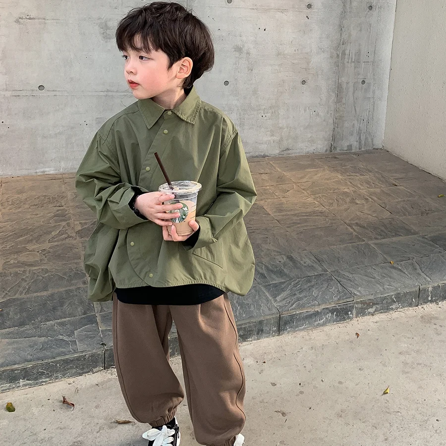 Fashion Children\'s Long sleeve Spring Autumn single-breasted New Boys Pure color Shirt Baby Korean Style Coat clothes Top Jacket