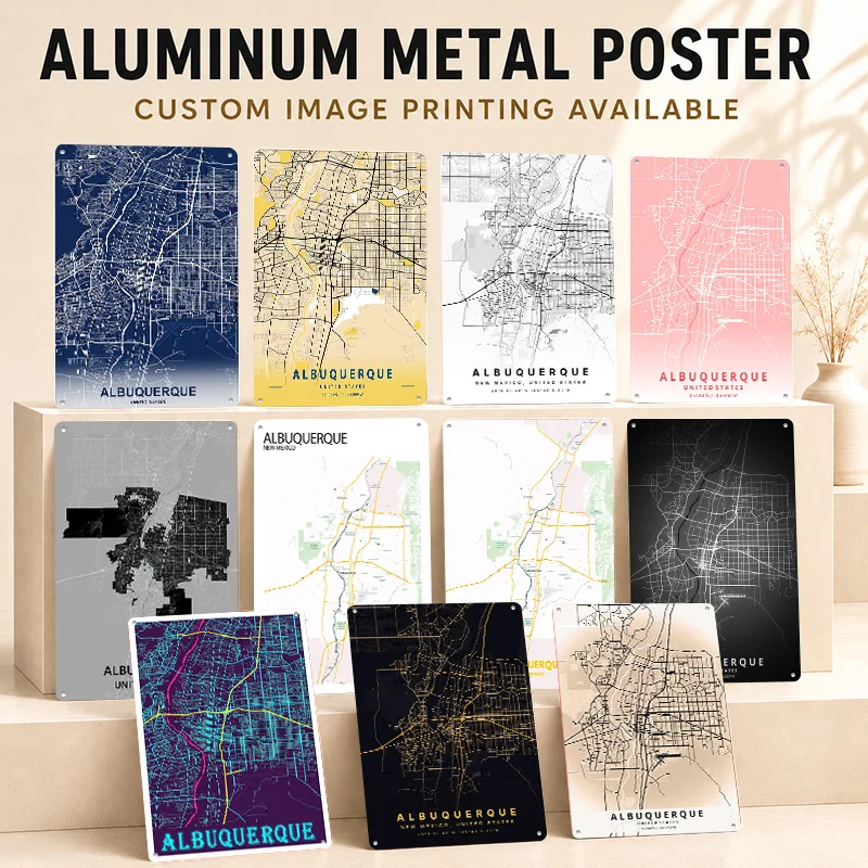 Albuquerque Aluminum Posters Customized Metal Tin Sign Minimalist Travel Map Wall Art For Study Lounge Or Geography Enthusiasts