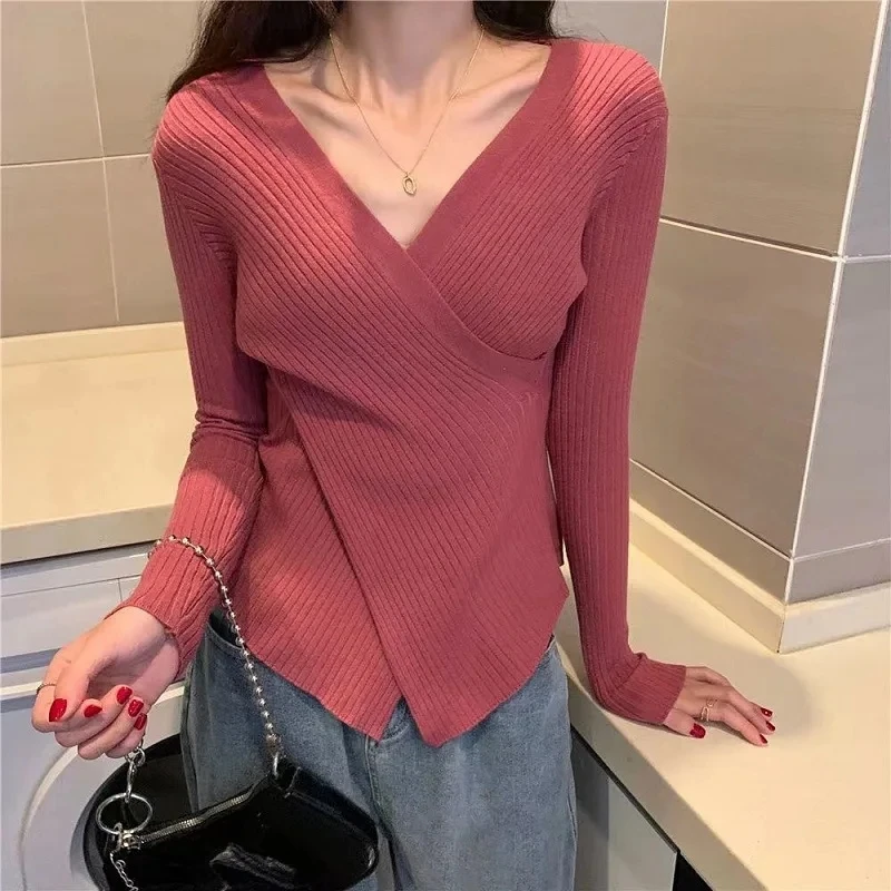 Women Korean Fashion V Neck Cross Asymmetrical Design Knitted Sweater Autumn Winter Solid Long Sleeve Slim Pullover Tops Jumpers