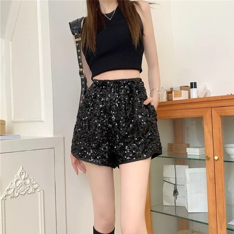 2026 Summer Women Sequin Pocket Shorts High Waist Loose Wide Leg A Line Elastic Waist Trousers Slimming