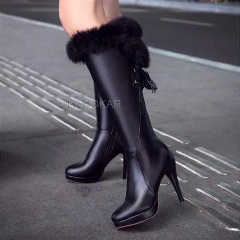 Cuissardes longues en daim pour femmes, bottes à plateforme, chaussures compensées en H, talons hauts, fourrure, printemps, hiver
