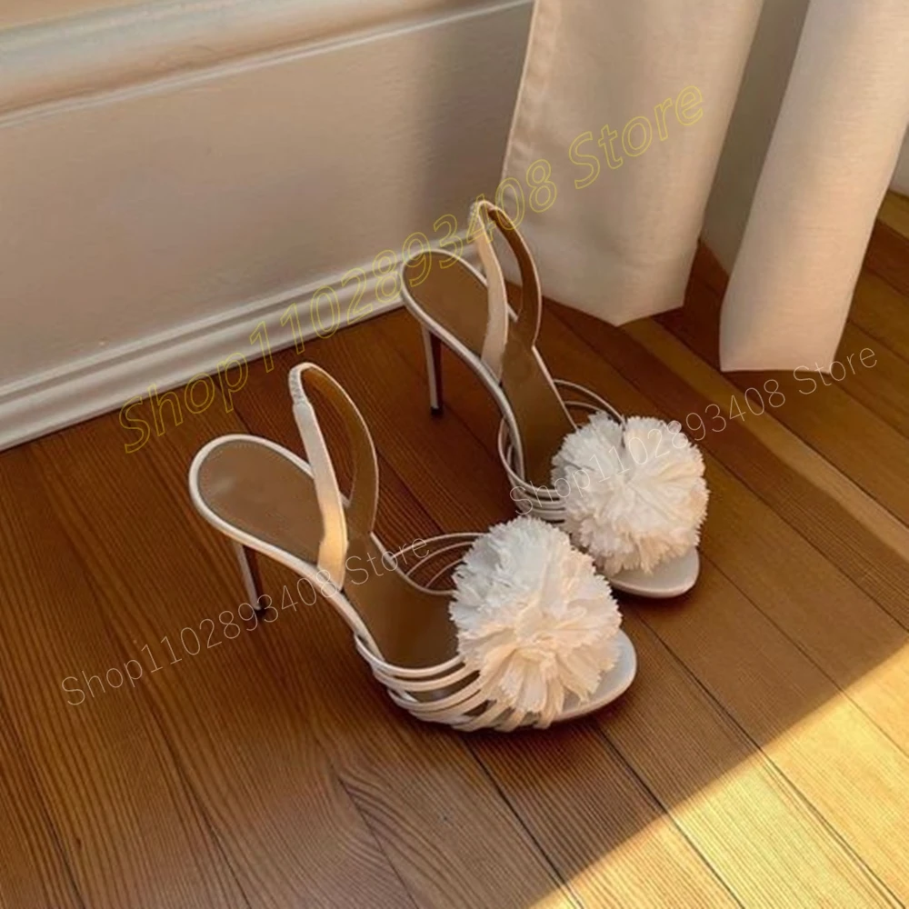 

White Flowers Decor Cross Tied Sandals Elegant Slingback Stiletto High Heel Fashion Sexy Women Shoes 2024 Zapatos Para Mujere