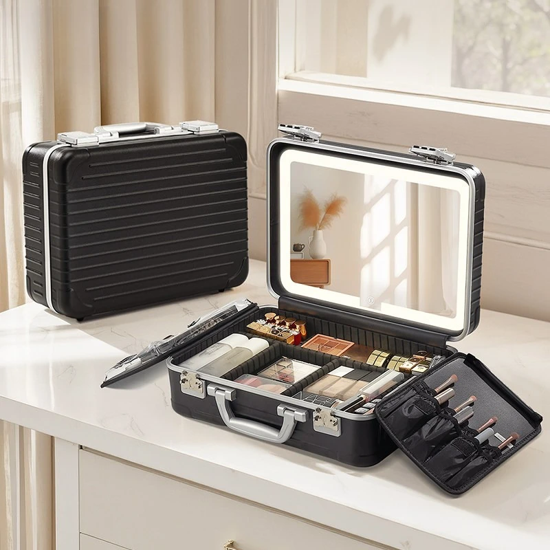 Suitable for Professional Cosmetic Case with Lamp Portable Password Lock PC Portable High Definition Mirror Makeup Pattern