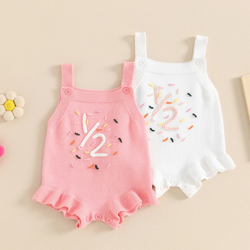 

Summer Toddler Infant Baby Girls Romper Sleeveless Knit Birthday Embroidery Jumpsuit Overalls Newborn Clothes