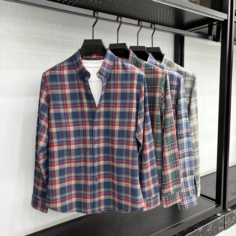 High Quality 100% Pure Cotton Men's Lapel Contrasting Plaid Long Sleeve Shirt Autumn New Brushed Fashion Commut Trendy Menswear