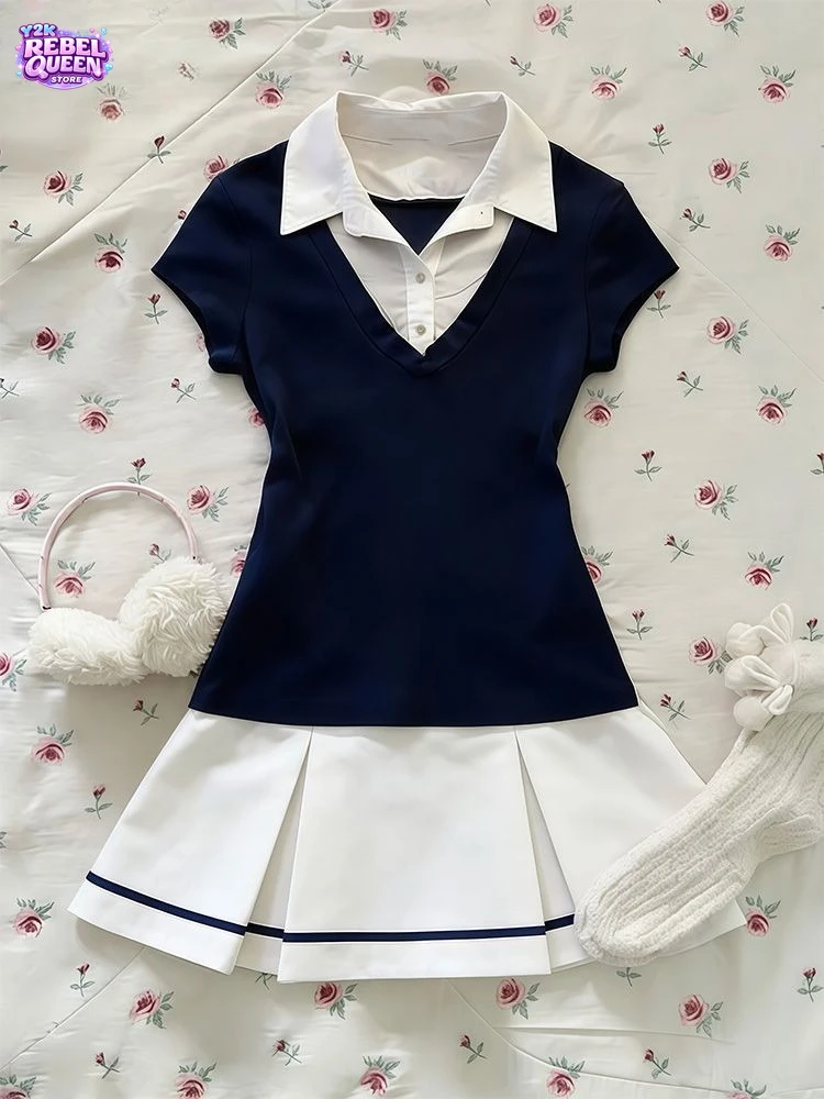 

Vintage Chic Preppy 2 Piece Set Women Fake 2 Piece Navy Short Sleeve Top + High Waist Pleated A Line Skirt Korean Fashion Outfit