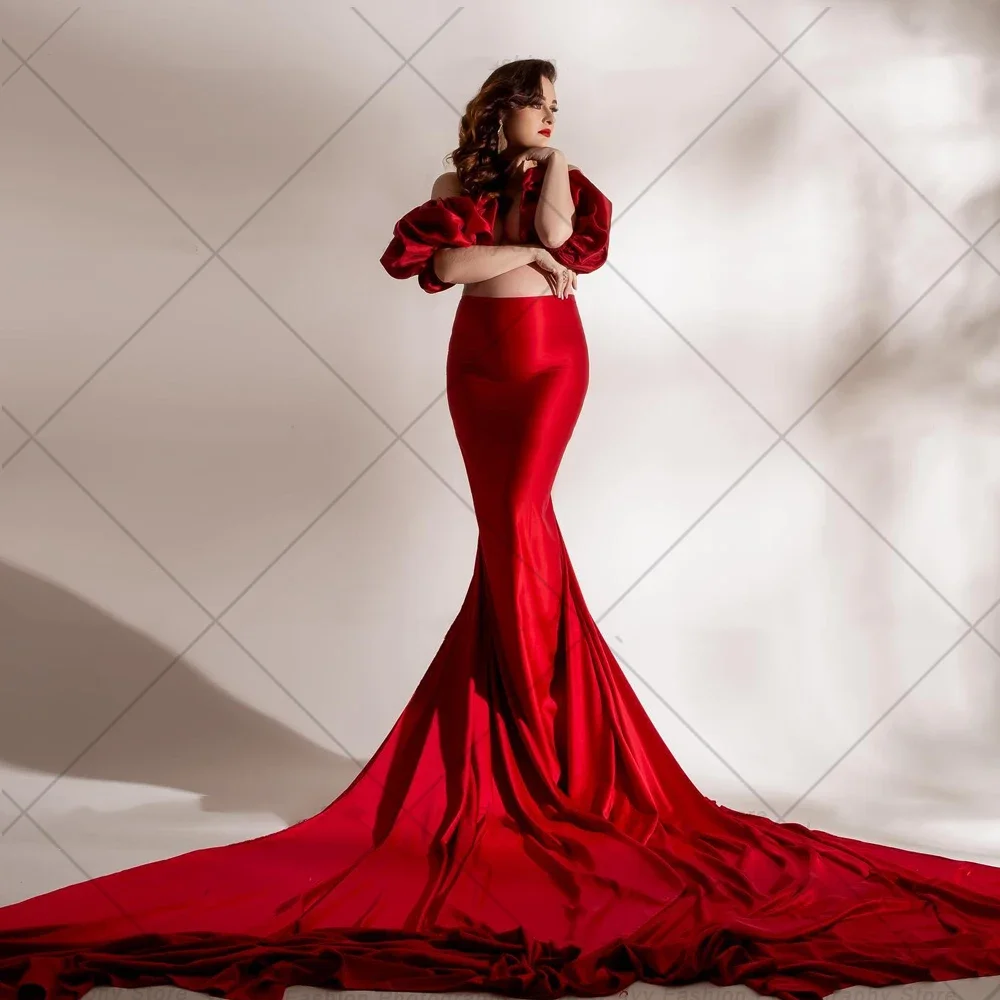 

Red Satin Maternity Photoshoot Dress Outfit For Women Sexy Lace Up Skirt Bubble Sleeves Accessories Photography Studio Props