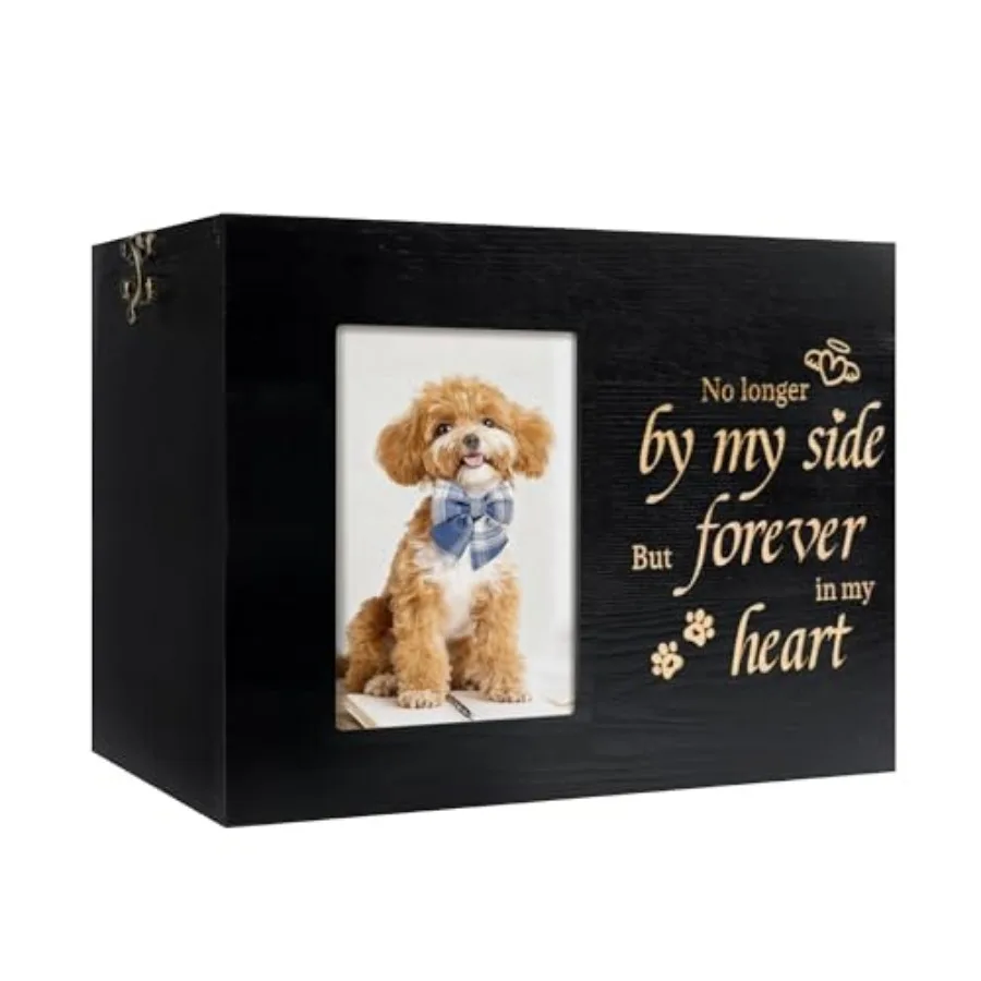 

Pet Urns for Dogs or Cats Ashes with Photo Frame, Wooden Memory Box for Keepsakes with Black Flannel as Lining, Pet Memorial Gi