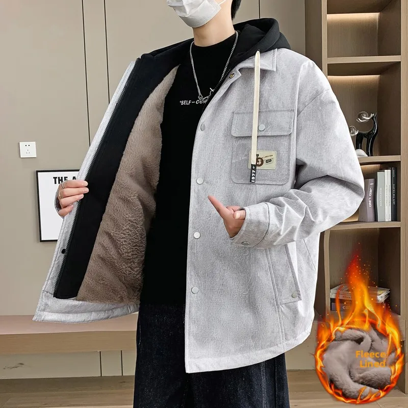 

Thiened Hooded Cotton Jaet for Men Trendy Brand Youthful Sli Autumn Winter Casual Sle Zipper Closure Long Sve Coat