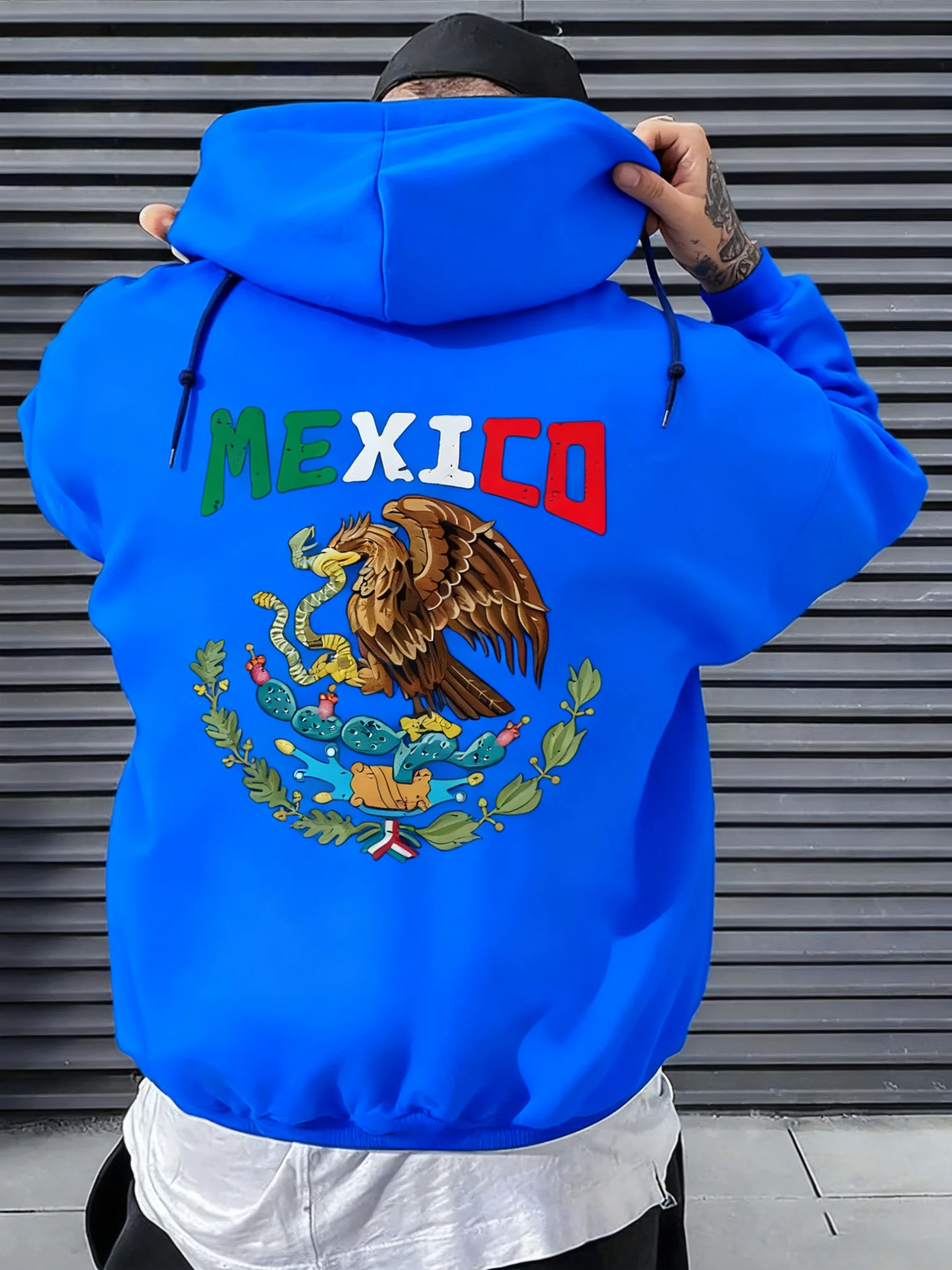 بلوفر رجالي بغطاء للرأس يتميز برسومات شعار نسر وأفعى المكسيك، ملابس خارجية مريحة وأنيقة لملابس غير رسمية #3