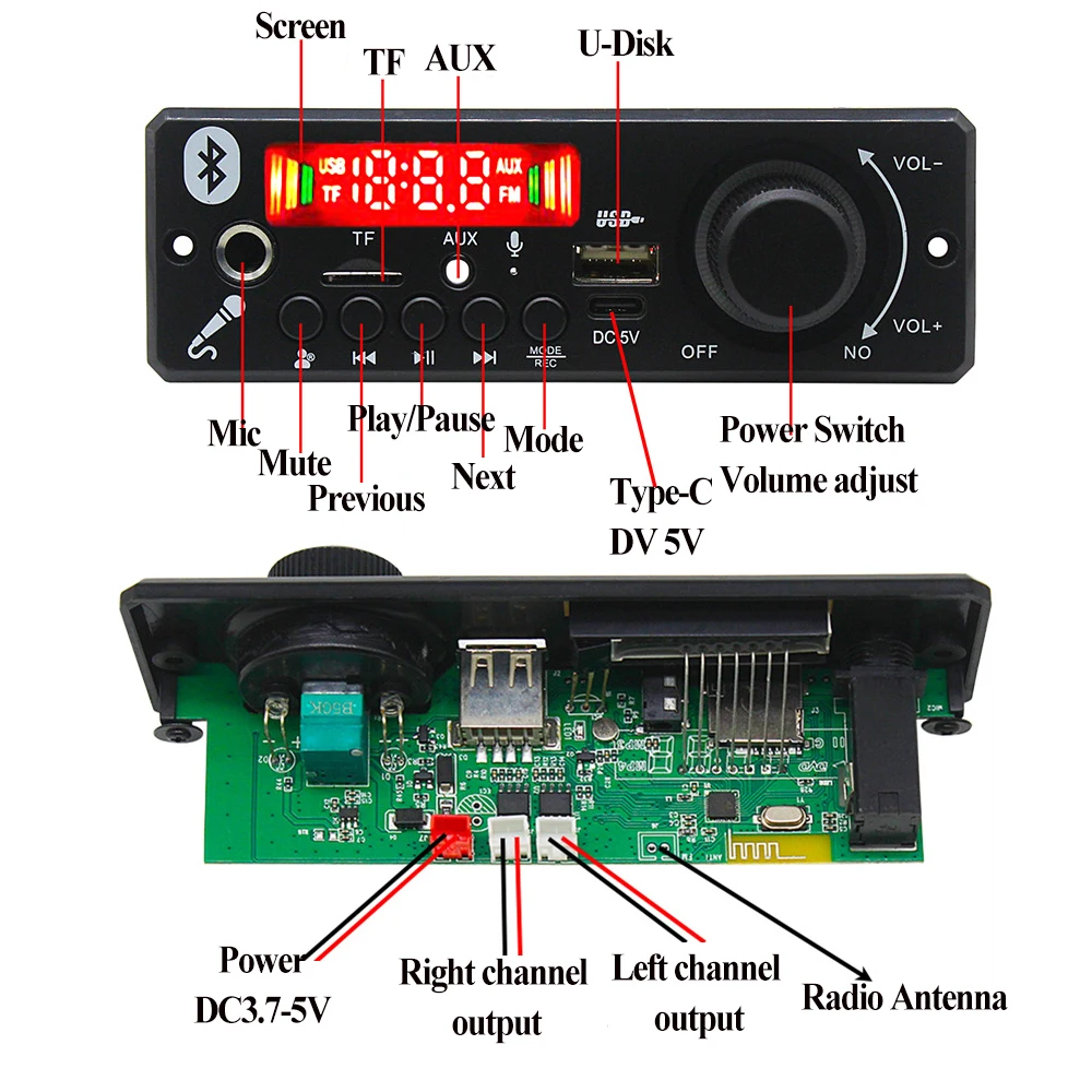 Immagine 7: KEBIDU Lettore MP3 Bluetooth, Scheda Decoder MP3 WMA DC 5V, Amplificatore 6W, Modulo Audio Stereo DIY, Kit Audio per Auto con USB, TF, Radio e Registratore