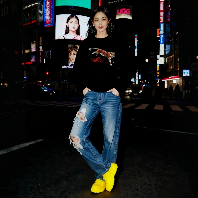 

Fashion High Quality Street Chic Designer Leopard red letters 3D Printing Black sweatshirt for Women