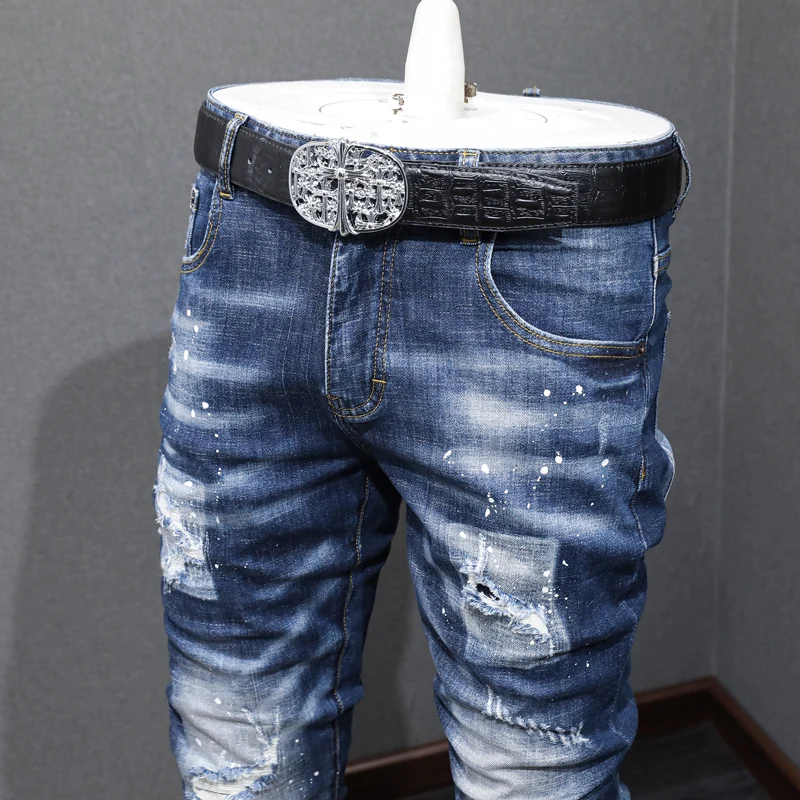 Streetwear Fashion Vintage Men Jeans Retro Blue Stretch Elastic Slim Fit Ripped Jeans Men Painted Designer Hip Hop Pants Hombre