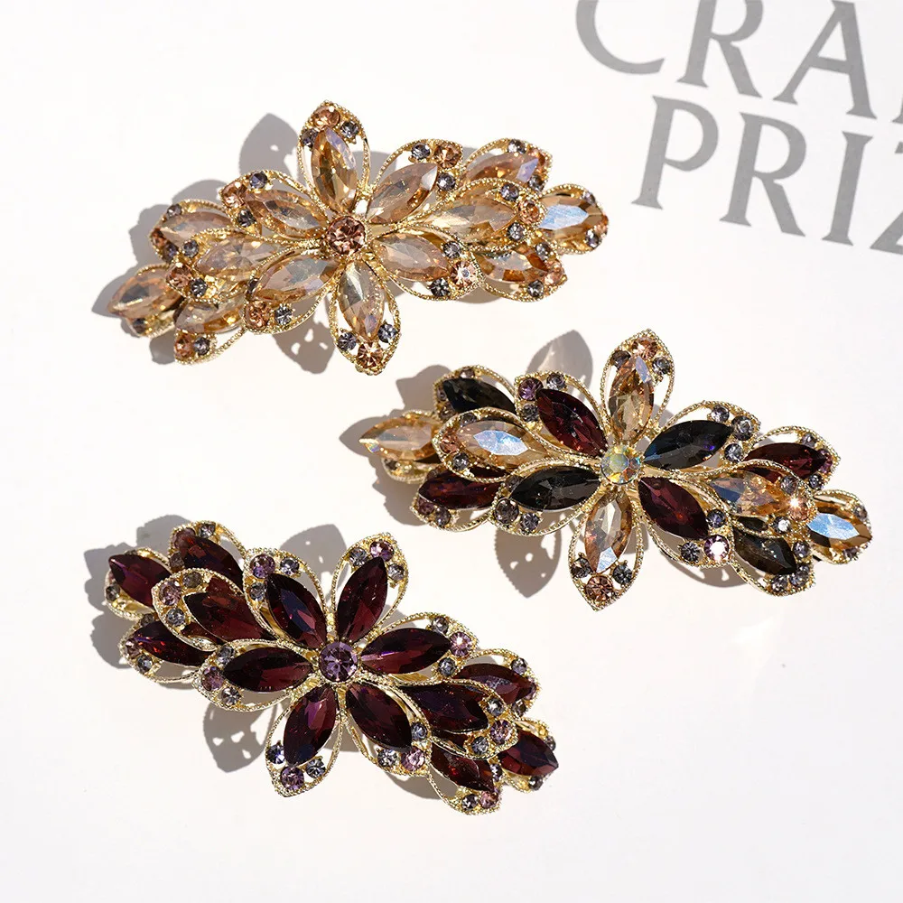 Korean version of flower crystal spring hair clips for women\'s fashion retro elegant ponytail horizontal chuck headdress jewelry