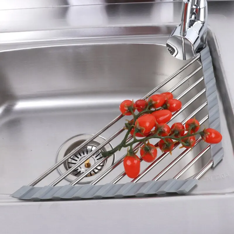 Foldable Triangular Sink Filter Rack Stainless Steel Water Drain Storage for Bowls Chopsticks Vegetable Fruit