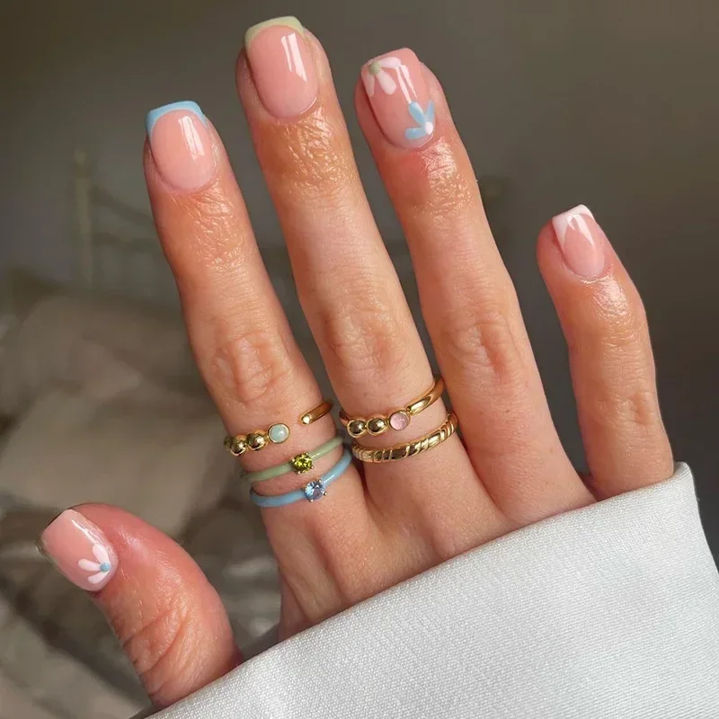 24pcs French Rainbow Fake Nails Nude Design False Nails Art Full Coverage Waterproof Adhesive Artificial Press on Nail with Tool
