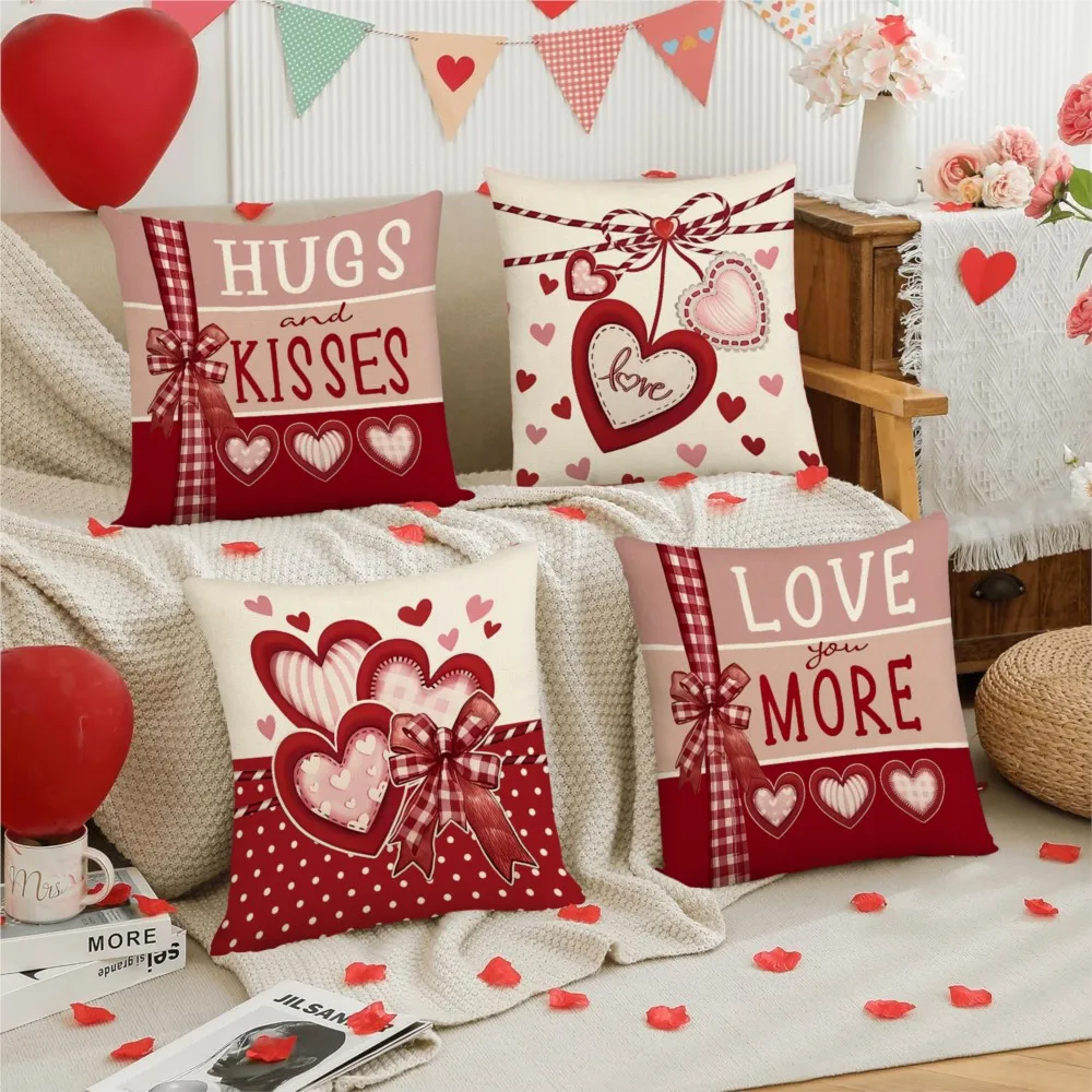 4Pcs Valentine's Day Red Heart and Bow Pattern Throw Pillow, Valentine's Day Decorative Cushion, Soft Plush Cushion With Insert