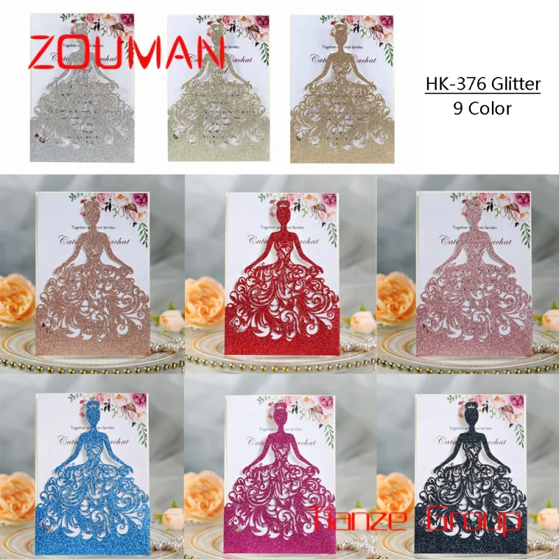 Custom , Custom Glitter Laser Cut Luxury Bride Wedding Invitations with Ribbon and Envelopes Greeting Card Set