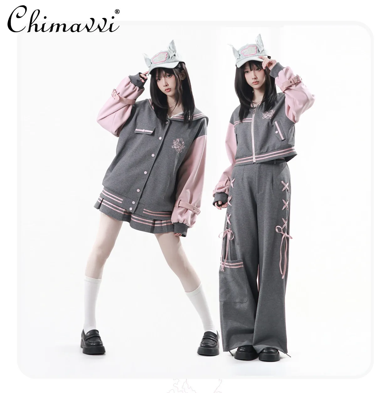 

Новая японская бейсбольная куртка в стиле колледж с розово-серым пэчворком, стильная куртка для девушек и женщин, плиссированная юбка, повседневные длинные брюки