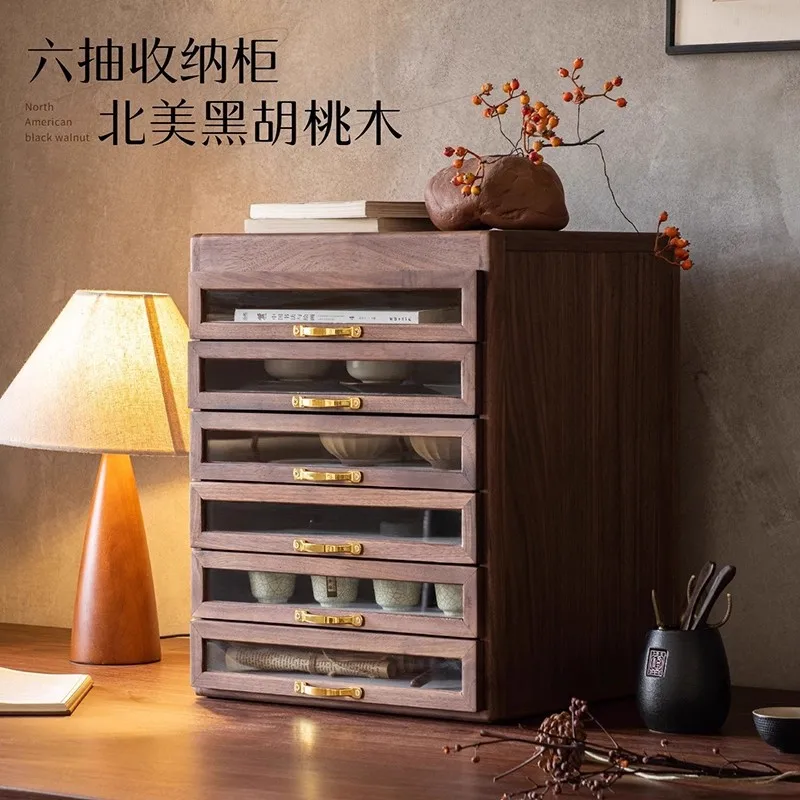 North American Black Walnut Drawer Cabinet Desktop Storage Box New Chinese Solid Wood Teacup Tea Set Wenwan Jewelry Locker