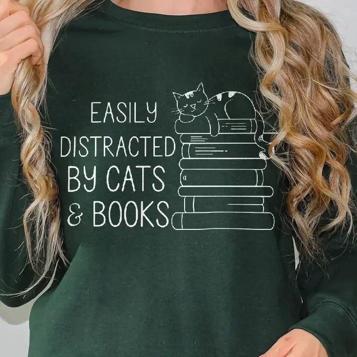 

Retro Vintage Sweatshirt Graphic Hoodies Y2K Tops Casual Daily Wear Unisex Stylish Pullover Easily Distracted By Cats And Books