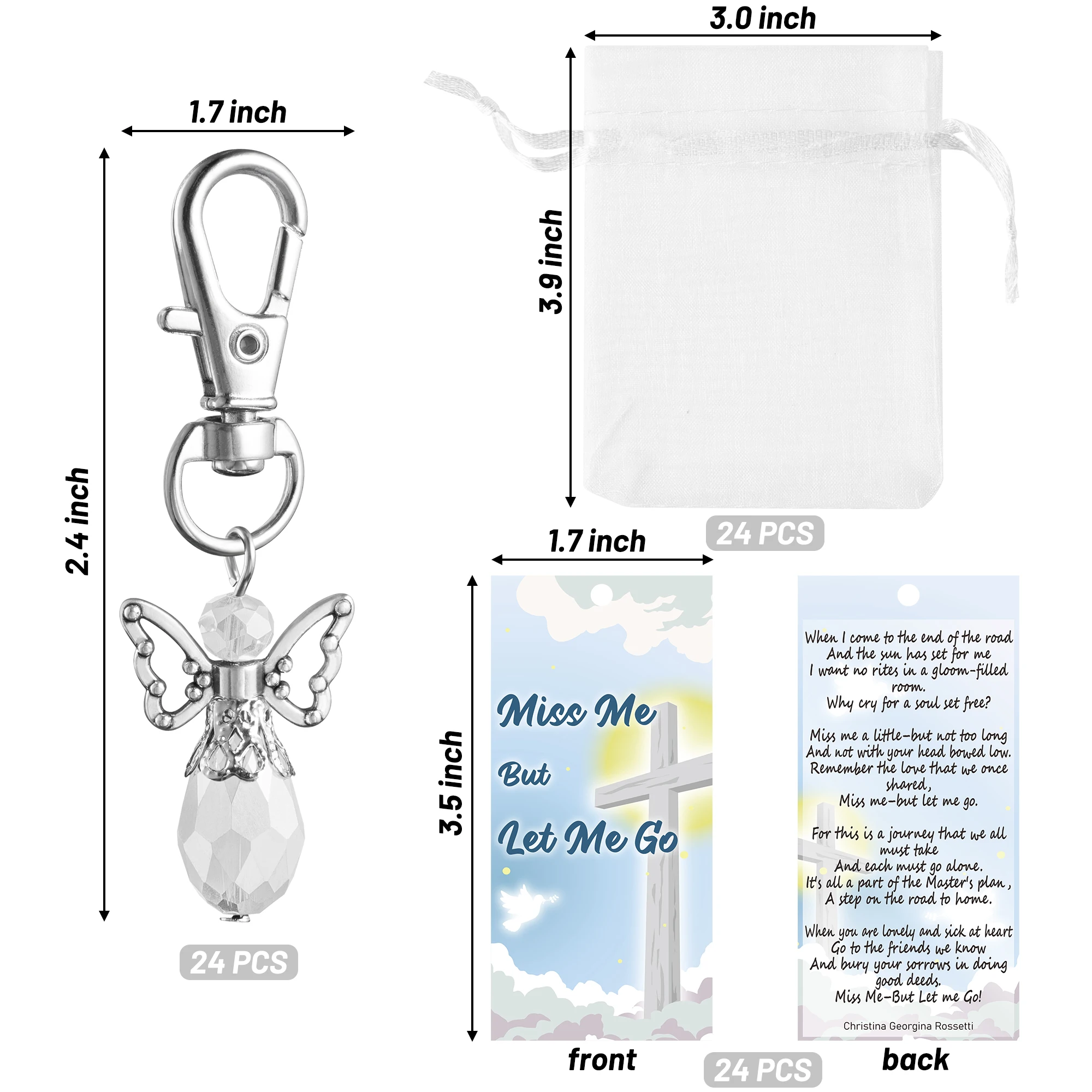 24Set Funeral Thank Tag Angel Key Chain Return Gift Miss Me But Let Me Go Prayer Card Organza Bag for Life Commemorative Party