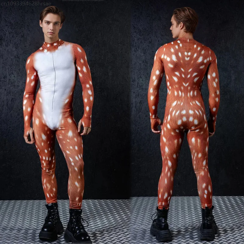 

Animal Cosplay Deer Print Full Bodysuit Adult Sika Deer Cosplay Jumpsuit Carnival Holiday Party Funny Role Play Performance Suit