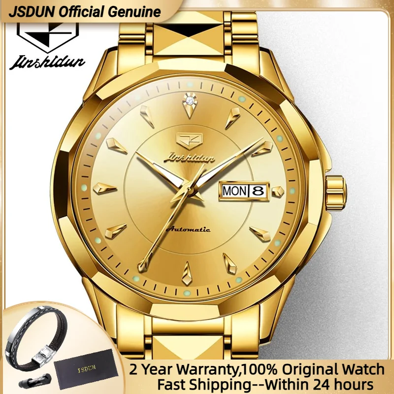 

Оригинальные мужские автоматические часы JSDUN, вольфрамовый стальной ремешок, японский механизм, автоматическая дата, золотые деловые механические наручные часы для мужчин