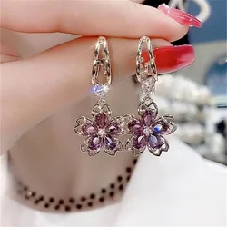 Luxury Fashion Purple Zircon Flower Drop Earrings For Women Temperament Elagant Crystal Floral Dangle Earring Wedding Jewelry