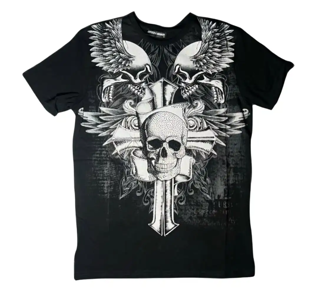 

American Retro Gothic Skull Print T-shirt Street Trend Cross Pattern Short Sleeve Men Hip hop Harajuku Versatile Pure Cotton Top