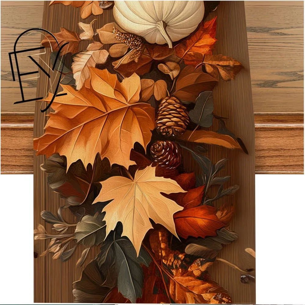 Linen Table Runner White with Autumn Plaid Border, Cute Highland Cow in Scarf with Pumpkins for Farmhouse Fall Gathering