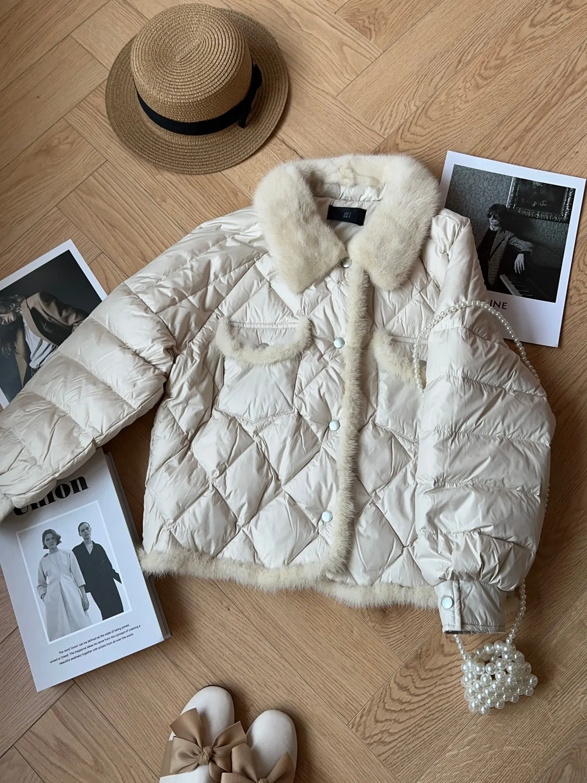 Winter 2024 White Goose down ort Puffer Jaet Women's Outerwear Sli Plaid Mink Top Korean Sle Commute Wind