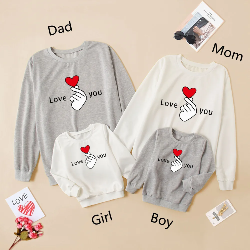 Family Matching Outfits mommy and me clothes sweatshirt heart gesture Print Sweatshirt Family Look Mom Daughter Dad Son Clothes