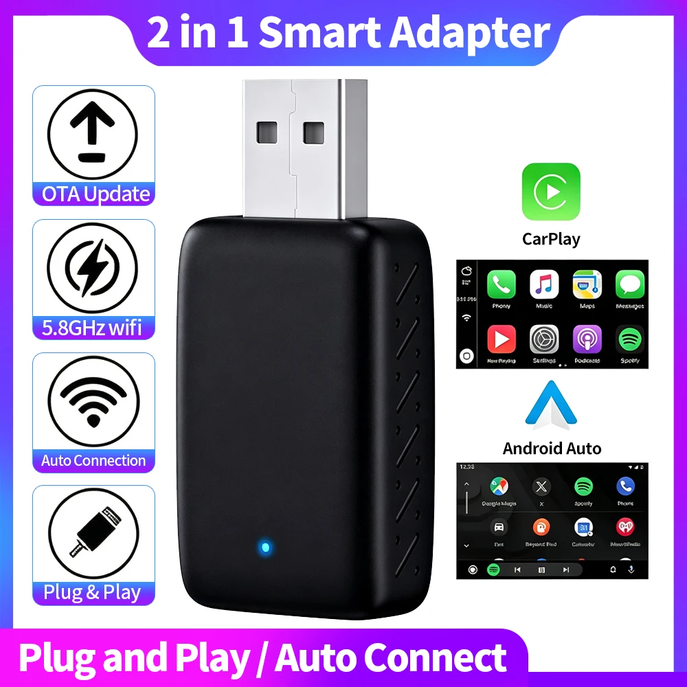 2in1 Wireless CarPlay Android Auto Adapter Wired to Wireless Plug&Play 5.8GHz Wi-Fi Low Latency OEM Wired CarPlay Upgrade Online