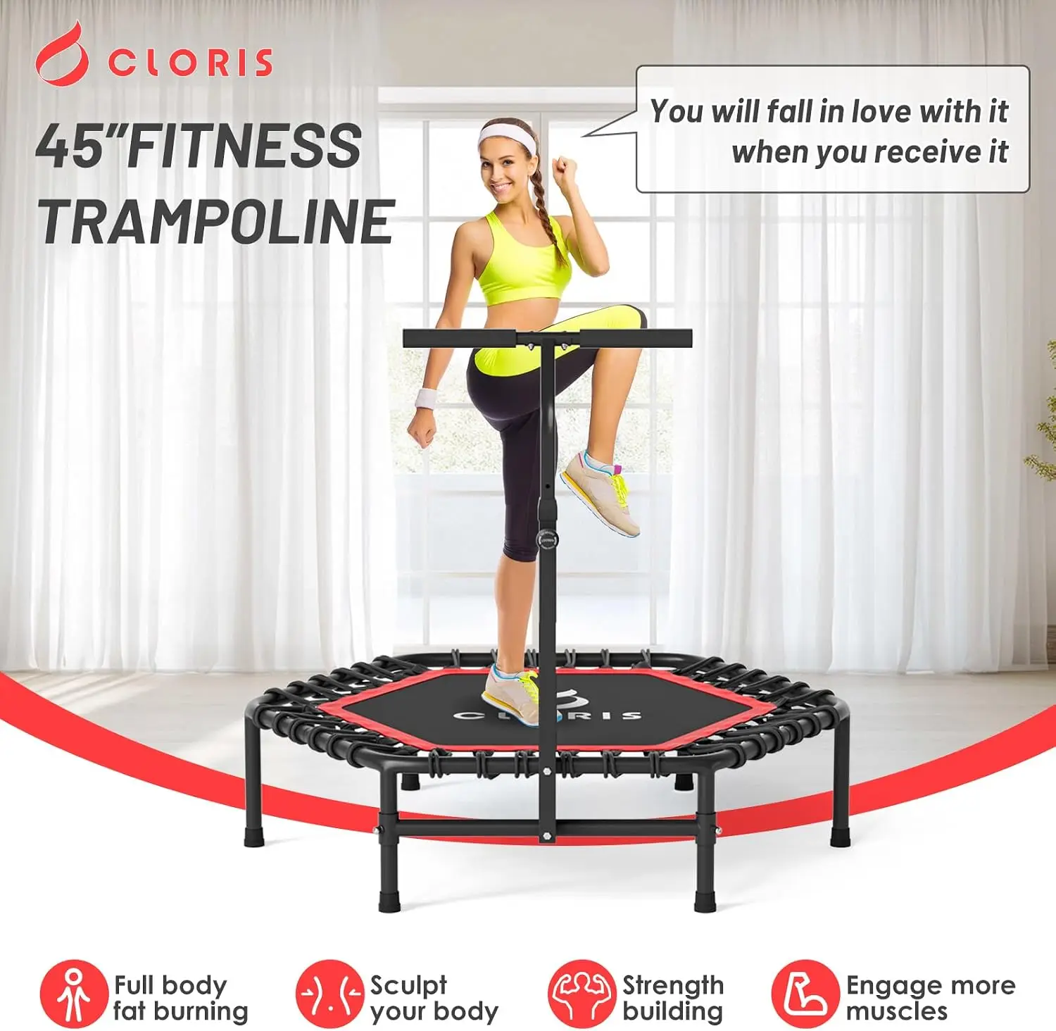 45'' Rebounder Trampoline for Adults - Max Load 450lbs, Trampoline with Adjustable Foam Handle Indoor/Outdoor Fitness Body Exerc