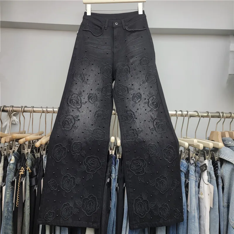 

Women's Tide Autumn New High-waisted Loose and Thin Versatile Wide-leg Trousers Heavy Industry Beaded Embroidered Denim Trousers