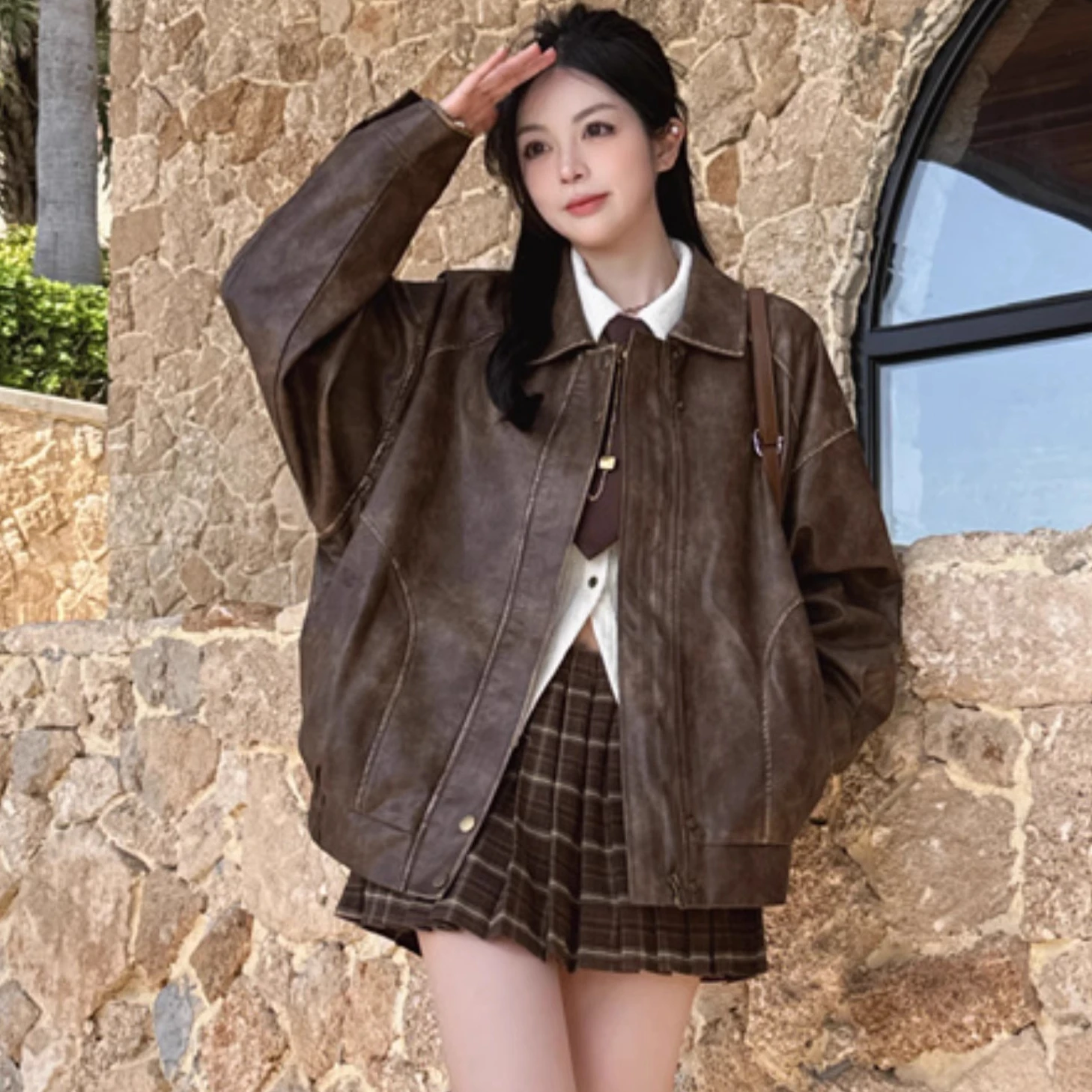 Vintege Brown Jacket for Women PU Leather Bomber Jacket Spring Autumn Demi-season Jackets Outerwears Fashion Women Clothing