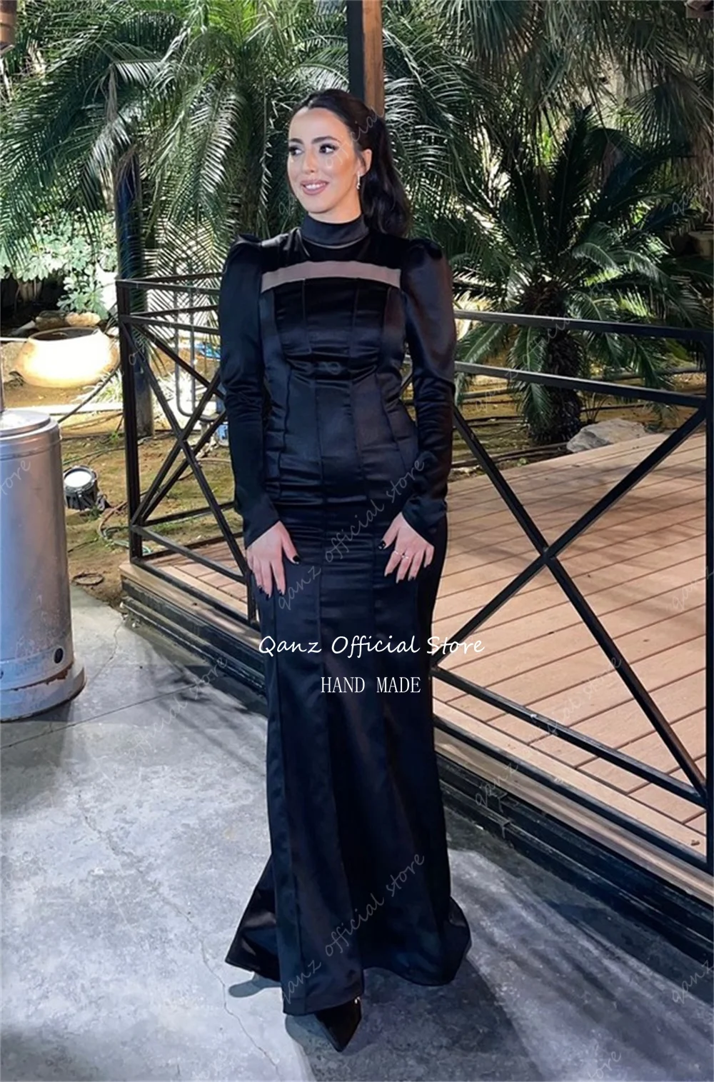 Qanz Modest Black Evening Dresses High Neck Long Sleeves Mermaid Elegant Dresses for Woman Party Vestidos De Noche Customized