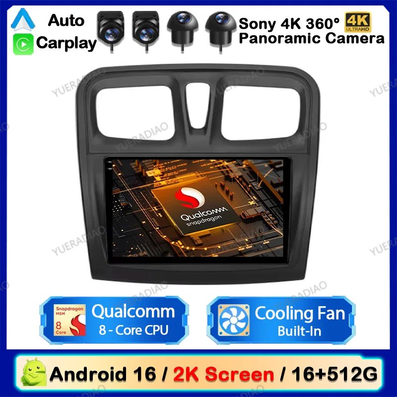 Rádio Automotivo Android 16 para Renault Logan 2 2012 - 2022 com Bluetooth, Carplay, GPS, Navegação, Multimídia, Reprodutor de Vídeo e Áudio.