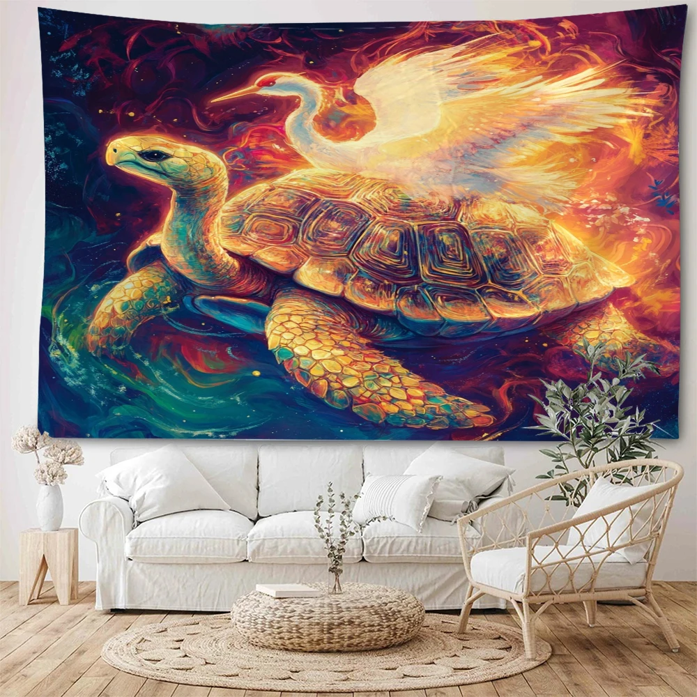 

Psychedelic turtle crane turtle and rabbit race illustration background decoration tapestry Bohemian home decoration tapestry