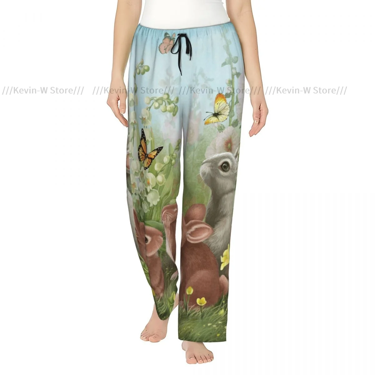 

Warm Flannel Sleep Pants for Women Spring Rabbit And Butterfly Pajama Bottoms with Elastic Waist
