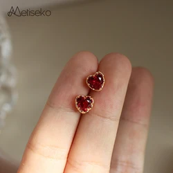 Metiseko 925 Sterling Silver Stud Earrings Ruby Color Heart Shape Zircon Earrings Elegant for Women Girls Party