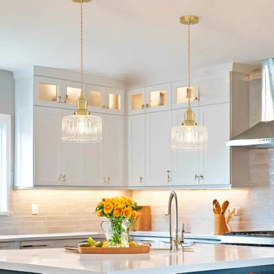 Vintage Pendant Light Set of 2 Brushed Pendant Lights Kitchen Island with Clear Glass Brass Kitchen Island Light Adjustable Han