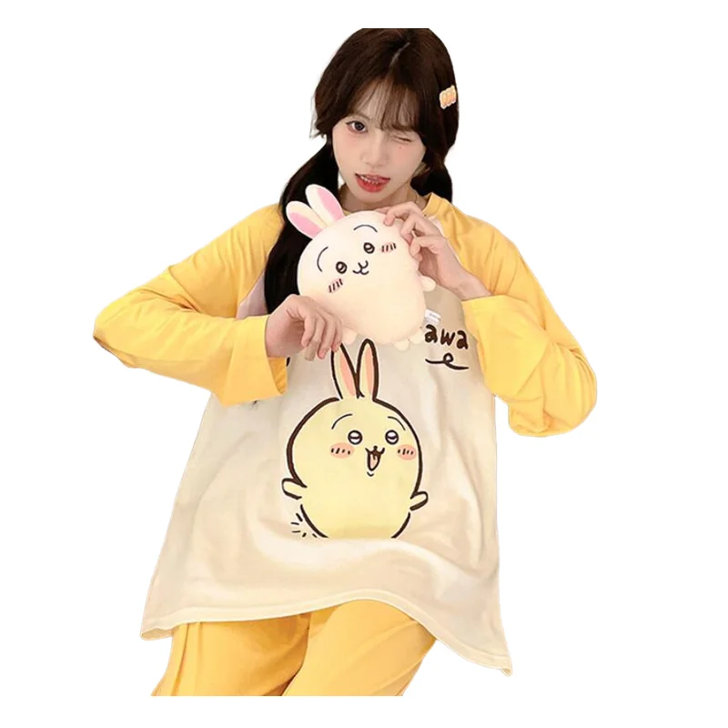 Женские пижамы в стиле аниме Chiikawa, кавайные пижамные комплекты с героями мультфильмов, хлопковая одежда для сна для девочек, студенческие пижамы, брюки, модная удобная одежда для дома