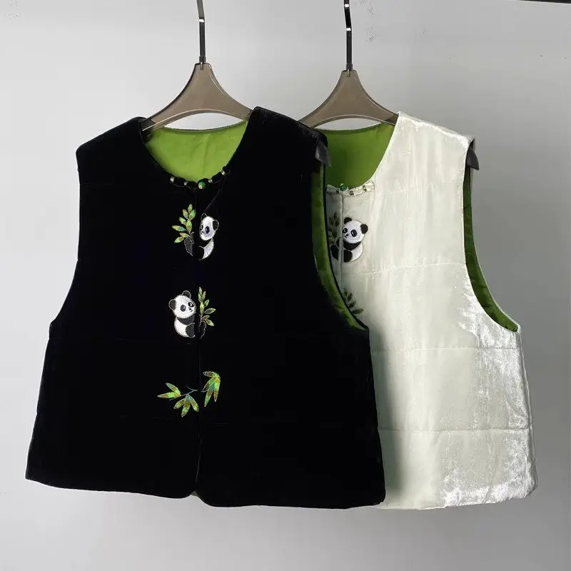 New Chinese Style Women's Clothing 2024 Autumn And Winter Retro Embroidery Velvet Vest Sleeveless Cotton Jacket Waistcoat A395