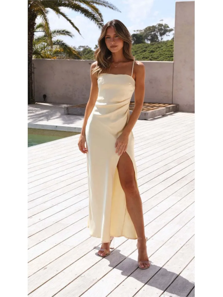 

Summer Fashion Casual Sexy Strap Solid Color Holiday Long Dresses Women's Elegant Backless Split Party Dress Woman Clothing