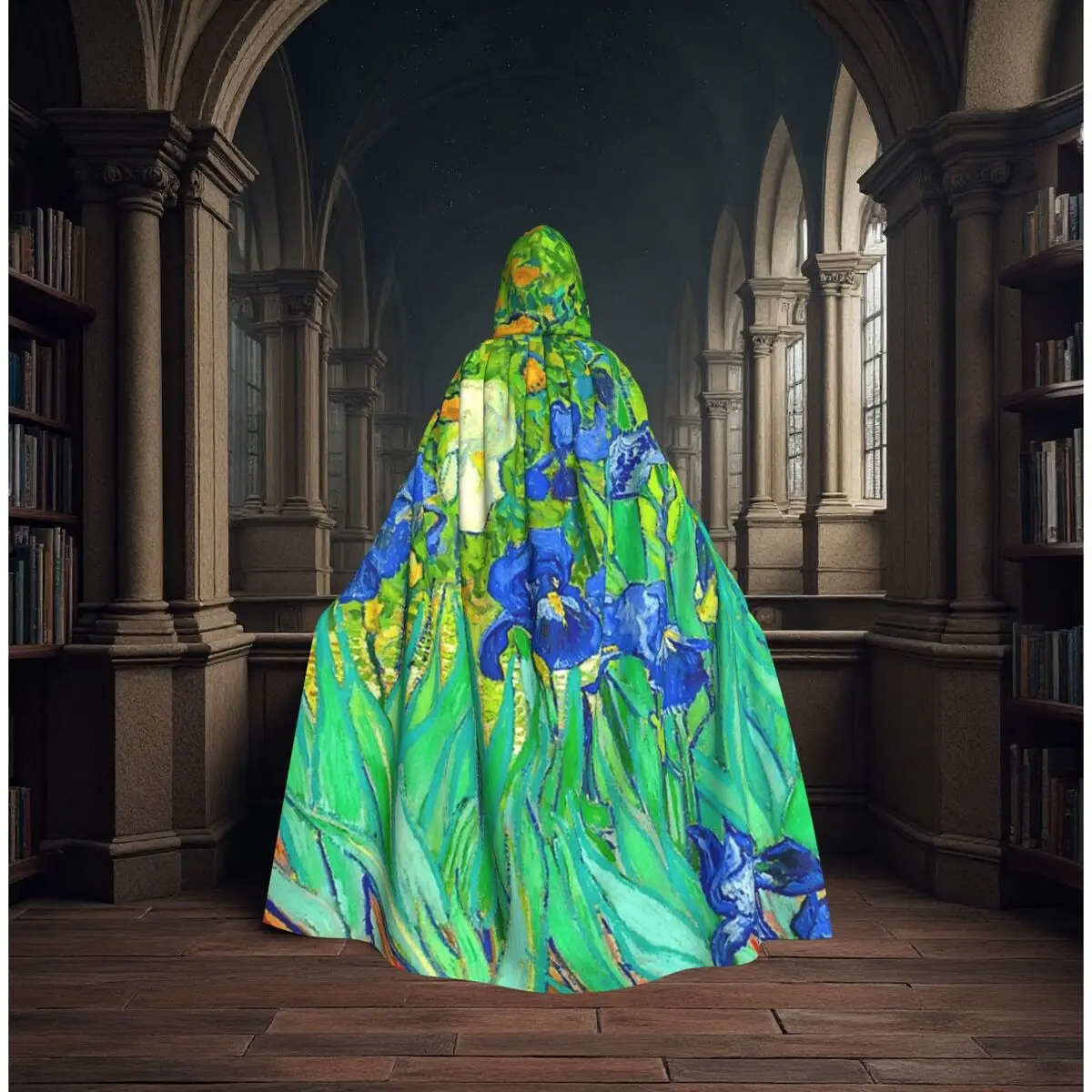 Customization Vincent Van Gogh Irises Art Flowers Long Hooded Cloak Witch Medieval Costume Cosplay Cape HalloweenParty Adult Uni